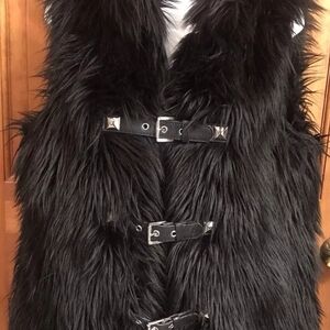 Michael Kors Chic Black Faux Fur Vest with Buckle Details